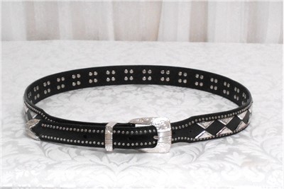 Black Leather Silvertone Triangle Concho Studded Western Belt