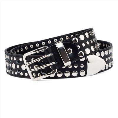 Men Black Riveted Studded Leather Belt